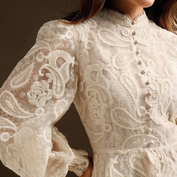 Apricot Elegant Women's Christmas Dress with Stand Collar & Floral Embroidery - Picture 7 of 9